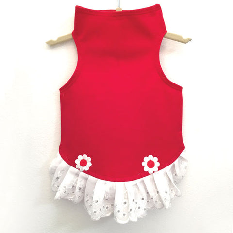434 Red Jersey Top with Eyelet Trim and Flower Detail
