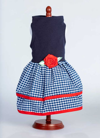 438 Navy Top with Multi Gingham Layer Skirt and Red Trim